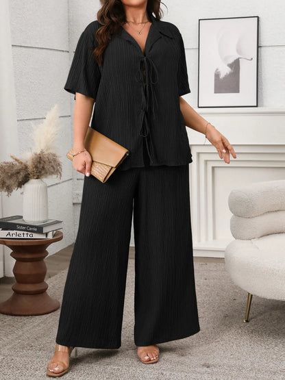 Tie Front Short Sleeve Top & Pants Set – Plus Size - Black, front view on model - Be Juliet