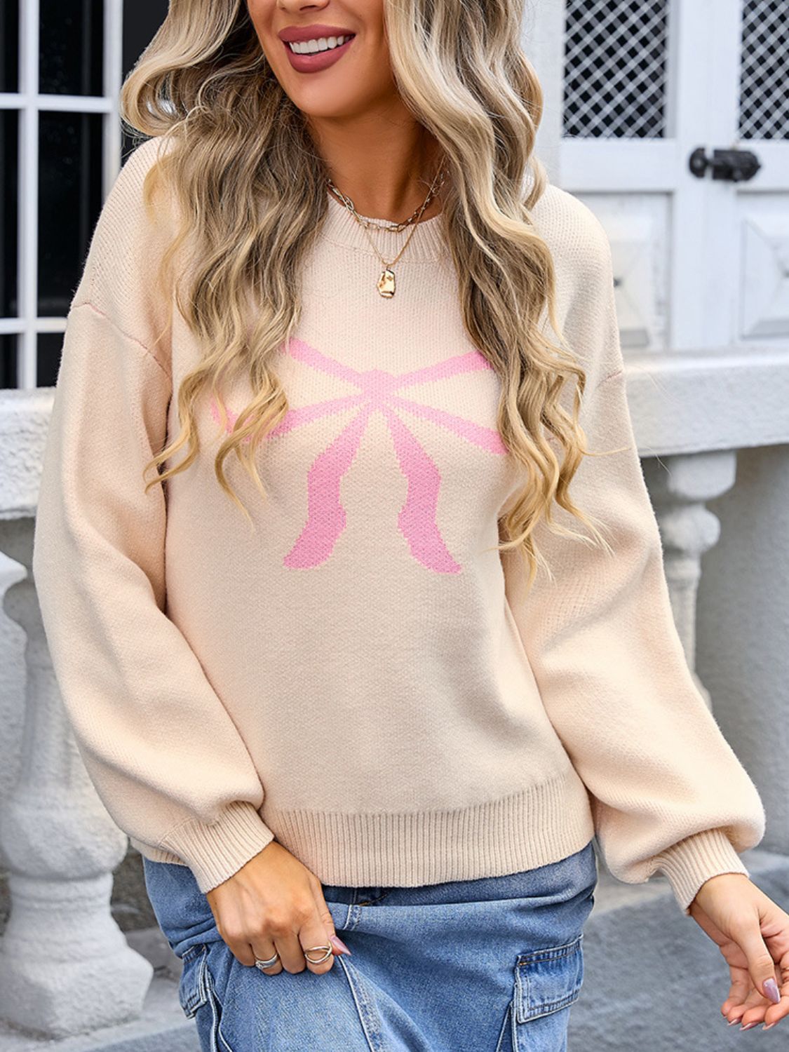 Angel Wings Bow Graphic Round Neck Long Sleeve Sweater - Tan, front view on model - Be Juliet