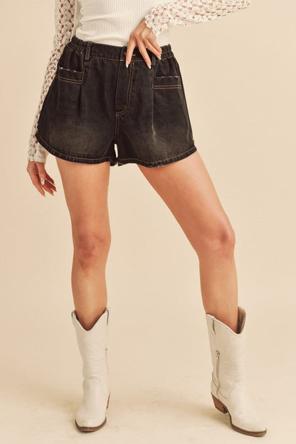 Aemi + Co Frayed Hem Elastic Waist Denim Shorts - Be Juliet