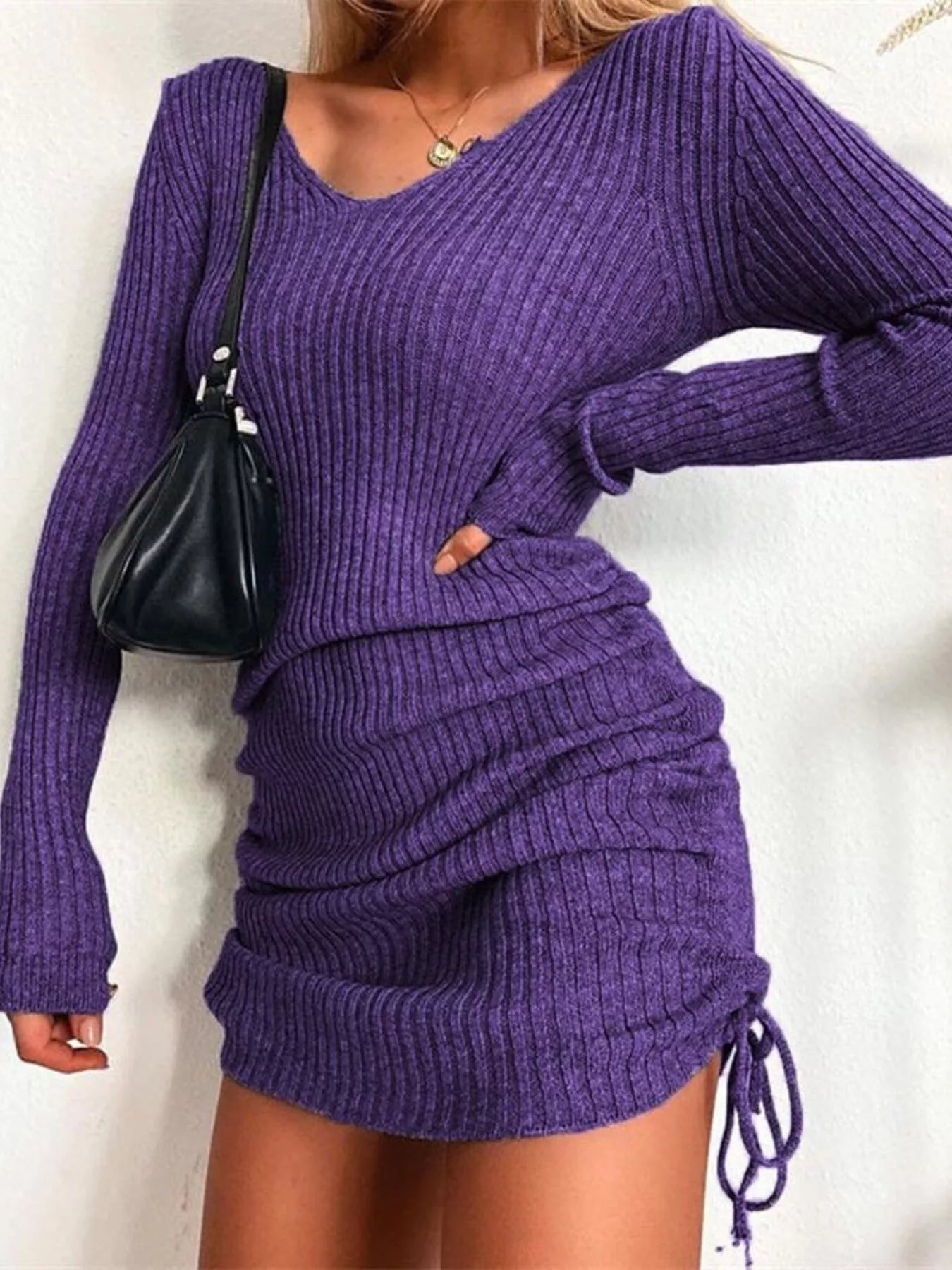 Elara Ribbed Knit Drawstring Bodycon Sweater Dress — Plus Size - Be Juliet