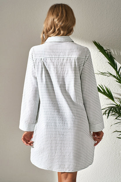 Stripe Collared V-Neck Chest Pocket Swim Cover Up - White Stripe, back view on model - Be Juliet