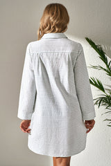 Stripe Collared V-Neck Chest Pocket Swim Cover Up
