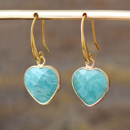 Natural Stone Heart Drop Earrings - Aqua, back view on model - Be Juliet