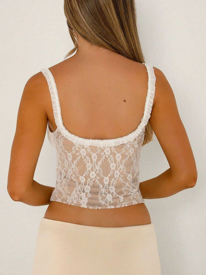 Frill Bow Lace Cami - Tan, side view on model - Be Juliet