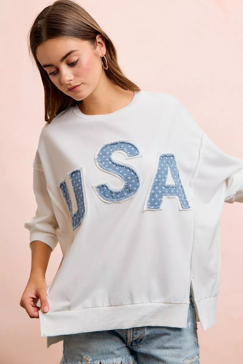 BiBi 4th Of July Usa Letter Patchwork French Terry Top - Ivory, 3/4 angled view on model - Be Juliet