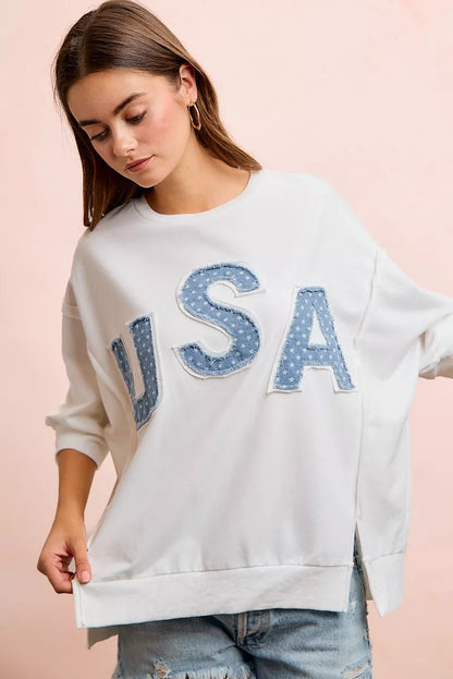 BiBi 4th Of July Usa Letter Patchwork French Terry Top - Ivory, 3/4 angled view on model - Be Juliet
