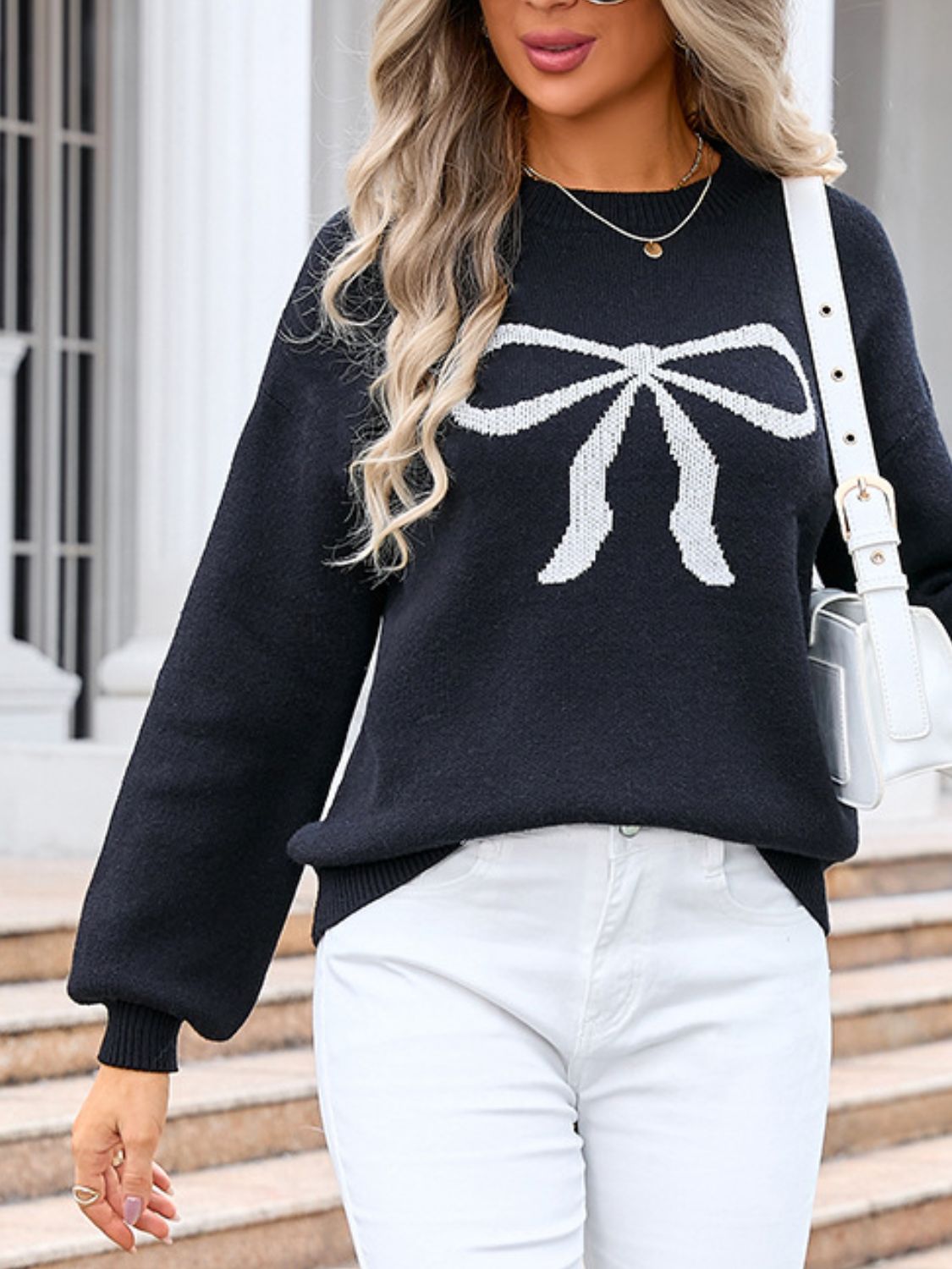 Angel Wings Bow Graphic Round Neck Long Sleeve Sweater - White, side view on model - Be Juliet