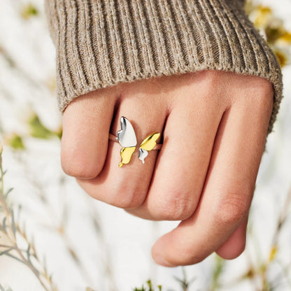925 Sterling Silver Butterfly Ring - Gold, front view on finger - Be Juliet