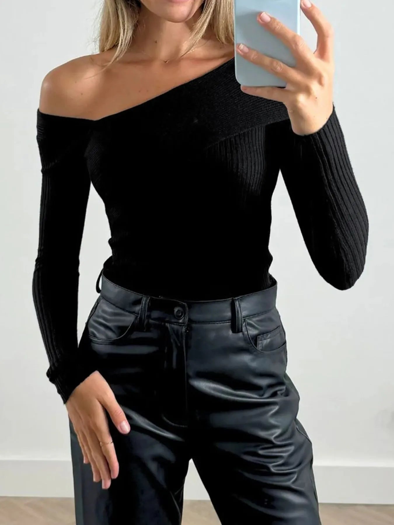 Off-Shoulder Ribbed Knit Top - Black, close-up detail - Be Juliet