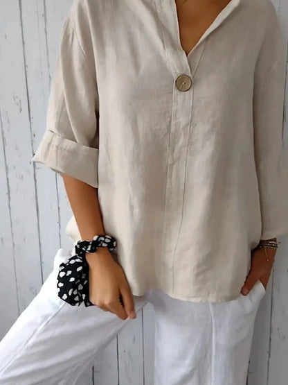 Catalina Notched Linen-Blend Blouse — Plus Size - Be Juliet
