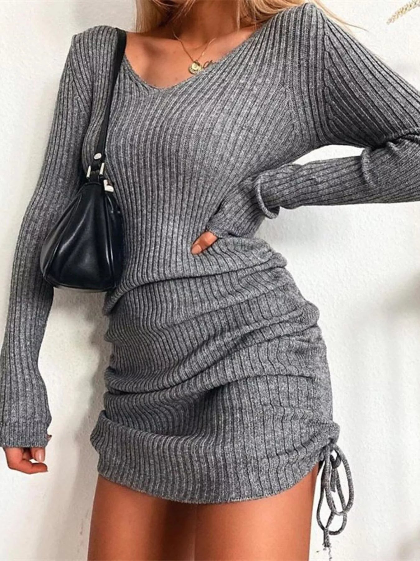 Elara Ribbed Knit Drawstring Bodycon Sweater Dress — Plus Size - Be Juliet