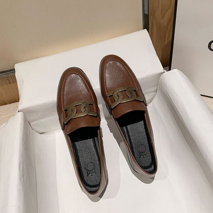 Cowhide Leather Flats Loafers - Brown, front view on model - Be Juliet