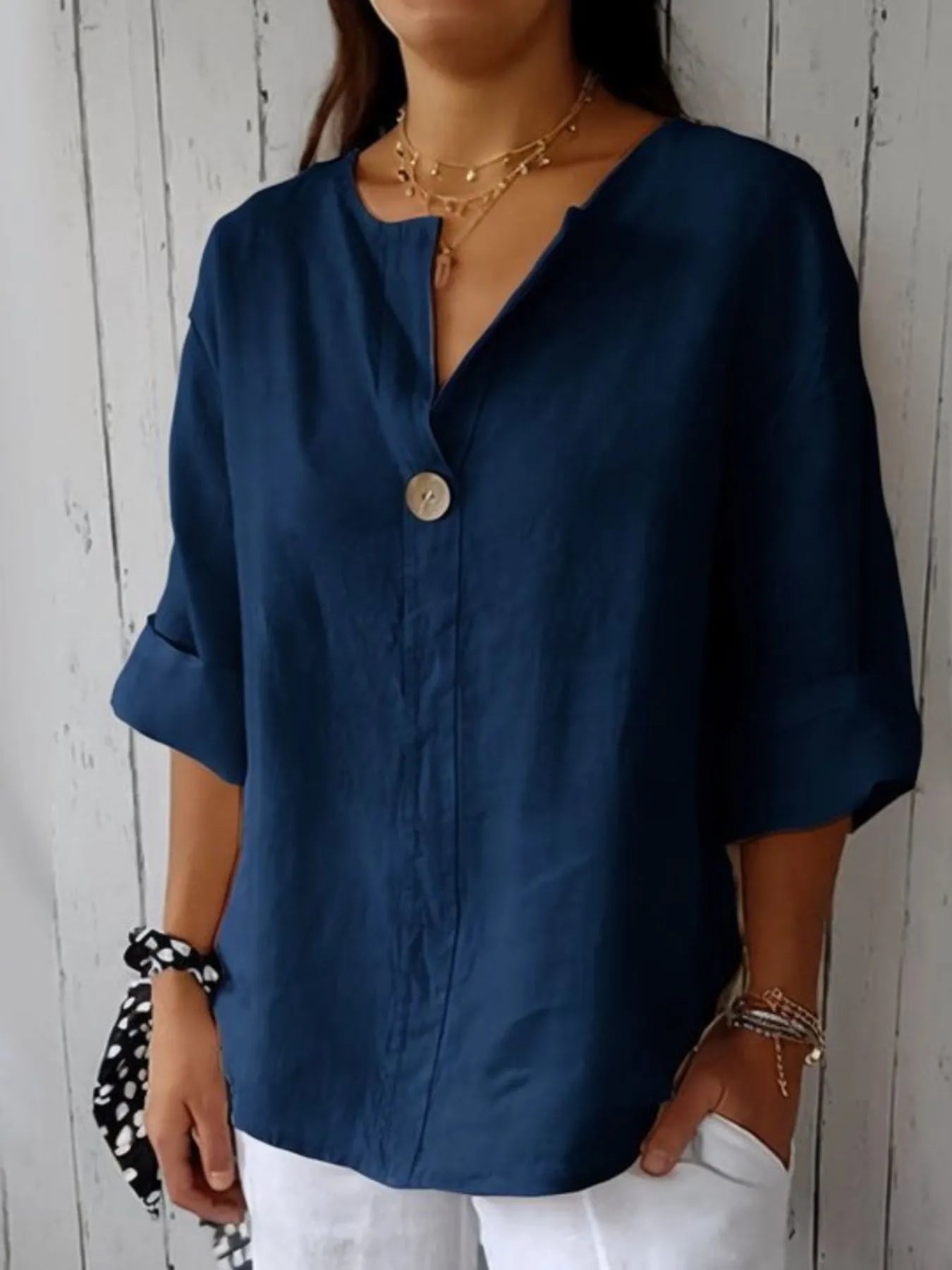 Catalina Notched Linen-Blend Blouse — Plus Size - Be Juliet