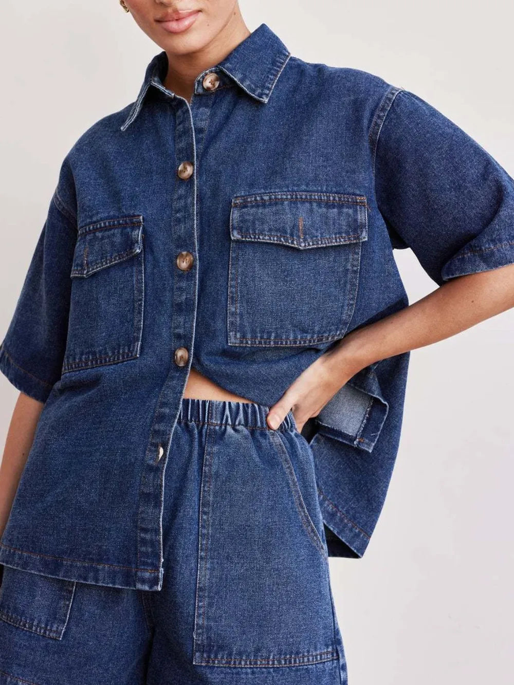 Kati Button Up Half Sleeve Denim Shirt - Medium, side view on model - Be Juliet