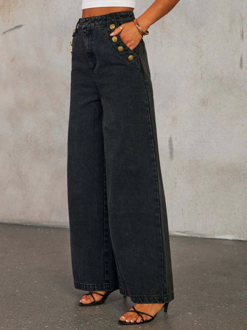 Camille Button Detail High-Rise Wide Leg Jeans - Be Juliet