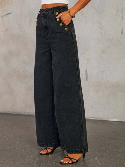 Camille Button Detail High-Rise Wide Leg Jeans - Be Juliet