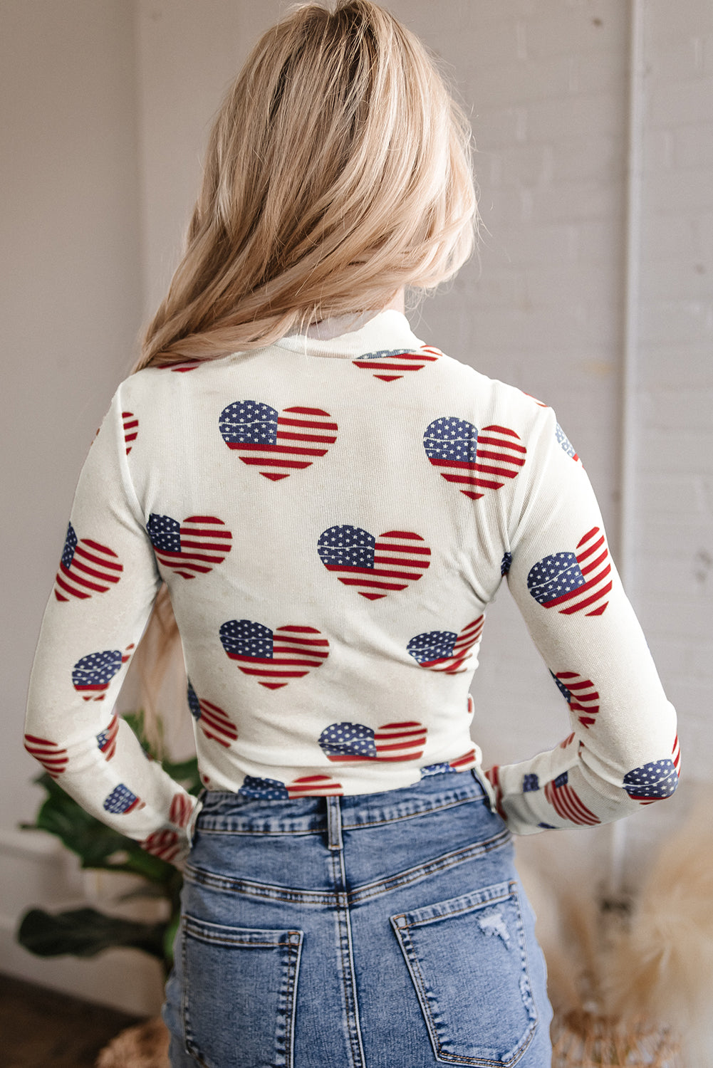 Americana Heart Mesh Long Sleeve Bodysuit - White, back view on model - Be Juliet
