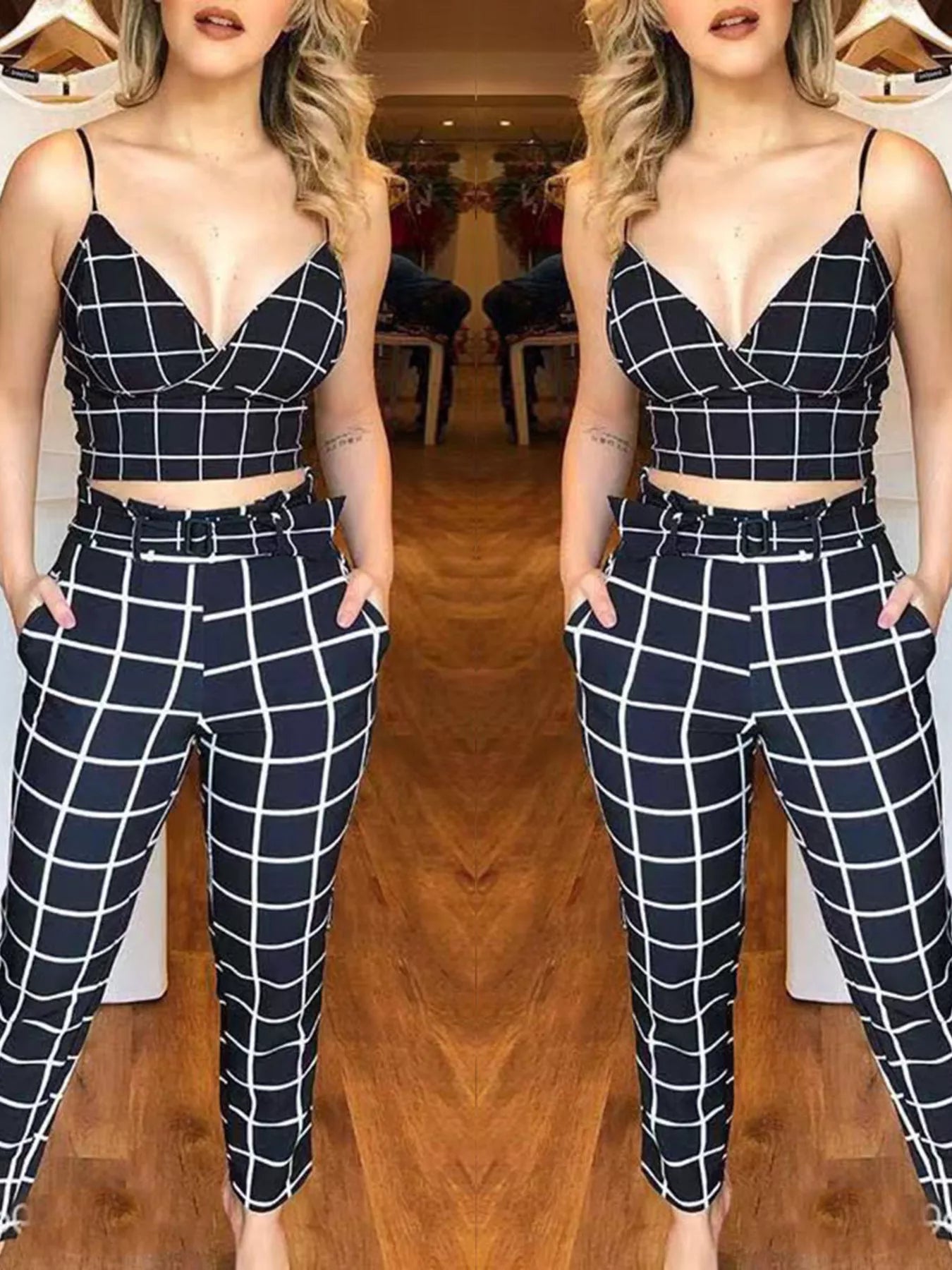 Grid Print Crop Top and Pants Set - Black, front view on model, grid print V-neck crop and belted wide-leg pants - Be Juliet
