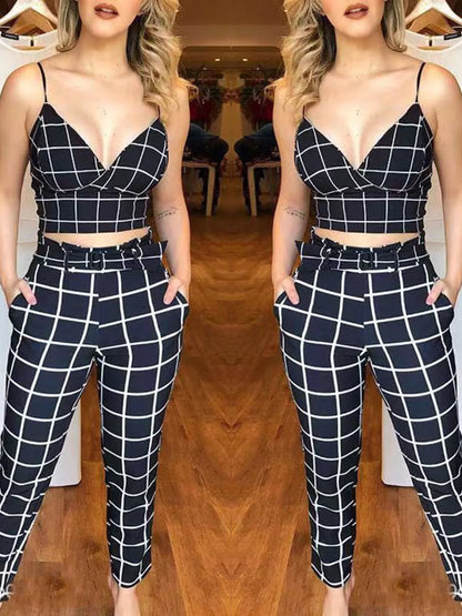 Grid Print Crop Top and Pants Set - Black, front view on model, grid print V-neck crop and belted wide-leg pants - Be Juliet
