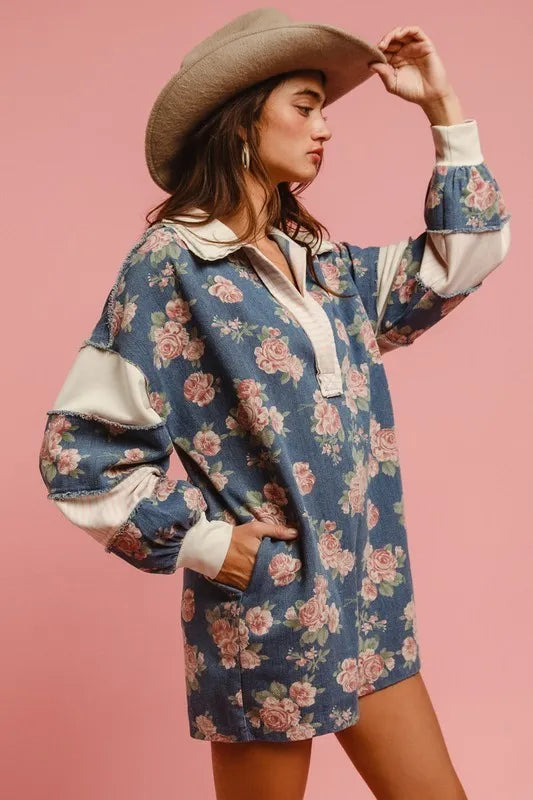 Chantalle Floral Denim Romper – Contrast Collar - Be Juliet
