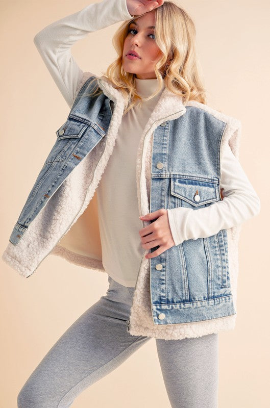 Aemi + CO Denim Patch Sherpa Vest Coat - Be Juliet