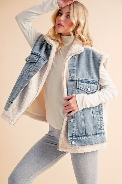 Aemi + CO Denim Patch Sherpa Vest Coat - Be Juliet