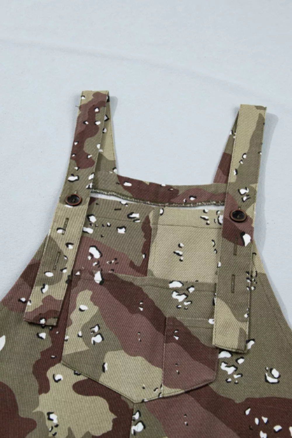 Nadia Camo Leopard Denim Overall - Green Camouflage, bib pocket close-up detail - Be Juliet