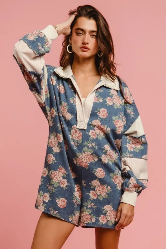 Chantalle Floral Denim Romper – Contrast Collar - Be Juliet