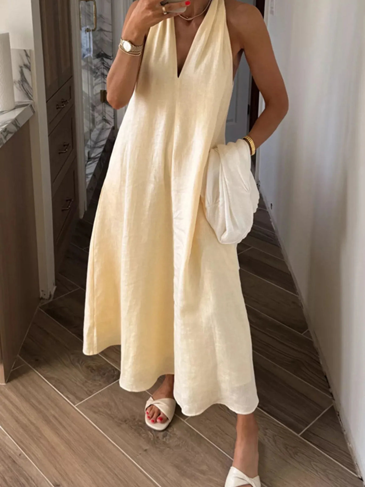 Halter V-Neck Linen Midi Dress Yellow / XL