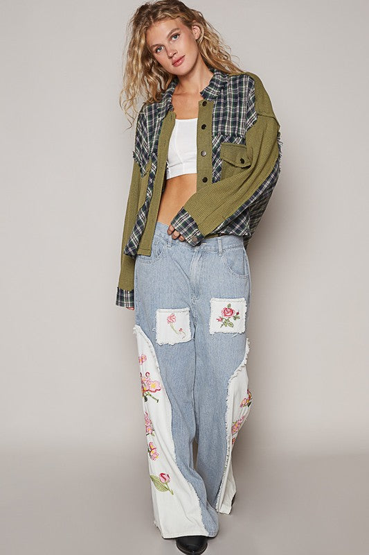 POL Plaid Button Down Shirt with Chest Pockets - Olive, 3/4 angled view on model - Be Juliet