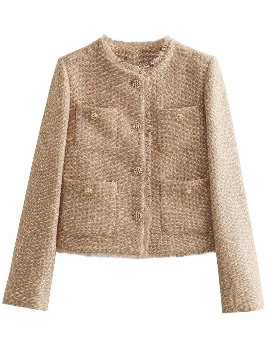Raw Hem Pocketed Round Neck Jacket - Be Juliet