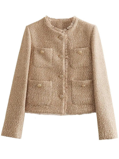 Raw Hem Pocketed Round Neck Jacket - Be Juliet