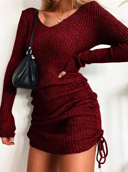 Elara Ribbed Knit Drawstring Bodycon Sweater Dress — Plus Size - Be Juliet