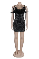 Holiday Feather Trim Sparkle Mini Dress