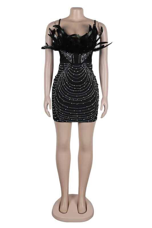 Holiday Feather Trim Sparkle Mini Dress