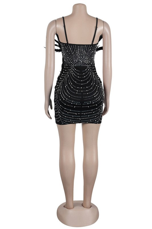 Holiday Feather Trim Sparkle Mini Dress