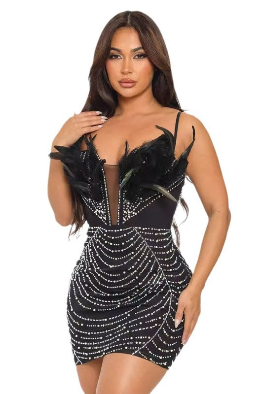 Holiday Feather Trim Sparkle Mini Dress