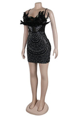 Holiday Feather Trim Sparkle Mini Dress