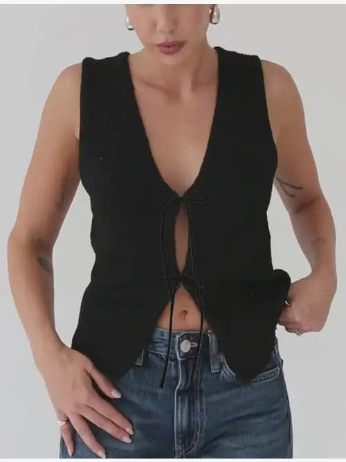 Knot-Front Crop Tank Top - Black, front view on model - Be Juliet