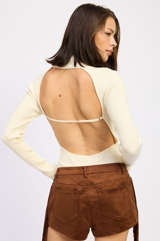 Long Sleeve Turtleneck Bodysuit with Open Back - Be Juliet