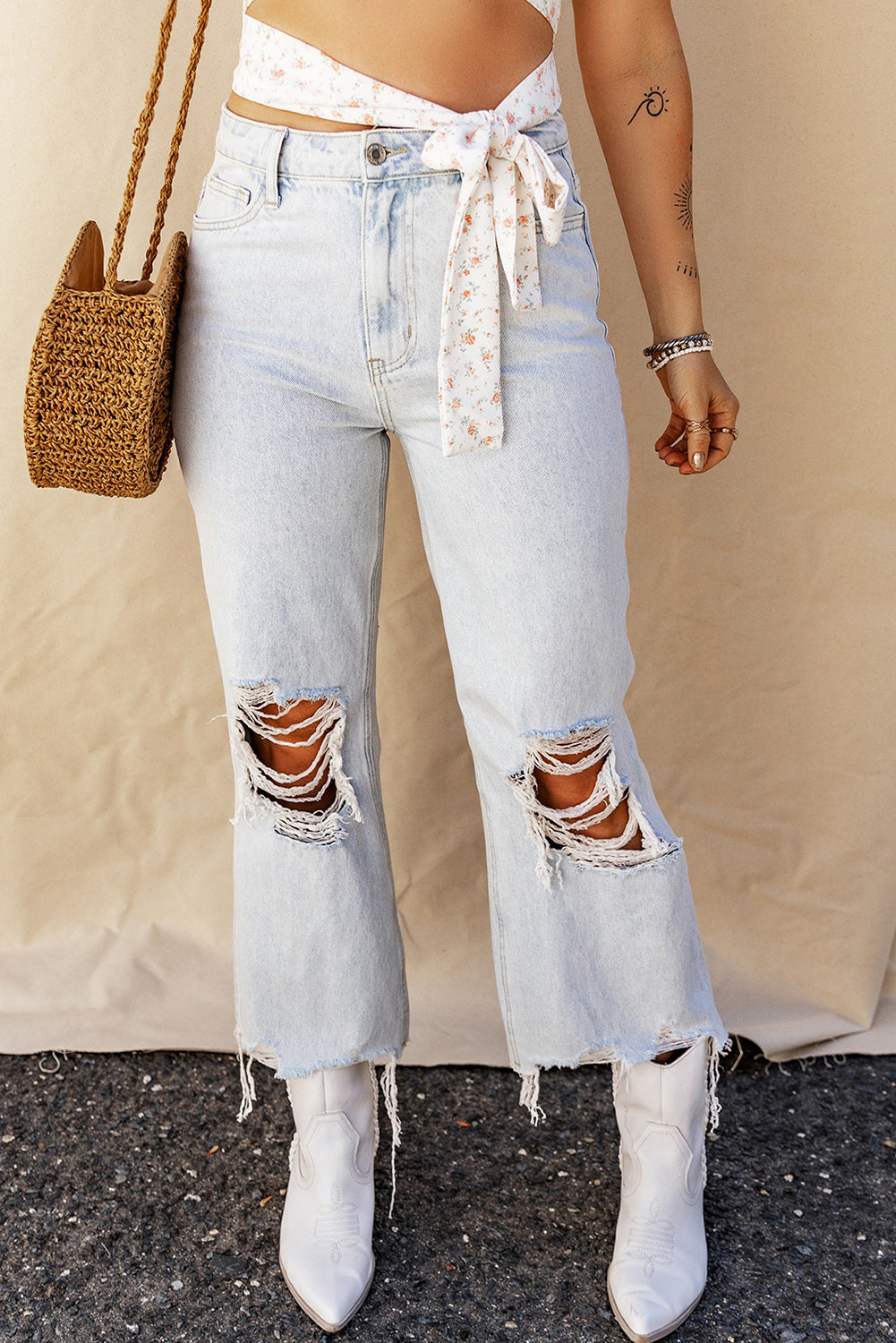 Distressed Raw Hem Jeans with Pockets - Light, front view on model - Be Juliet
