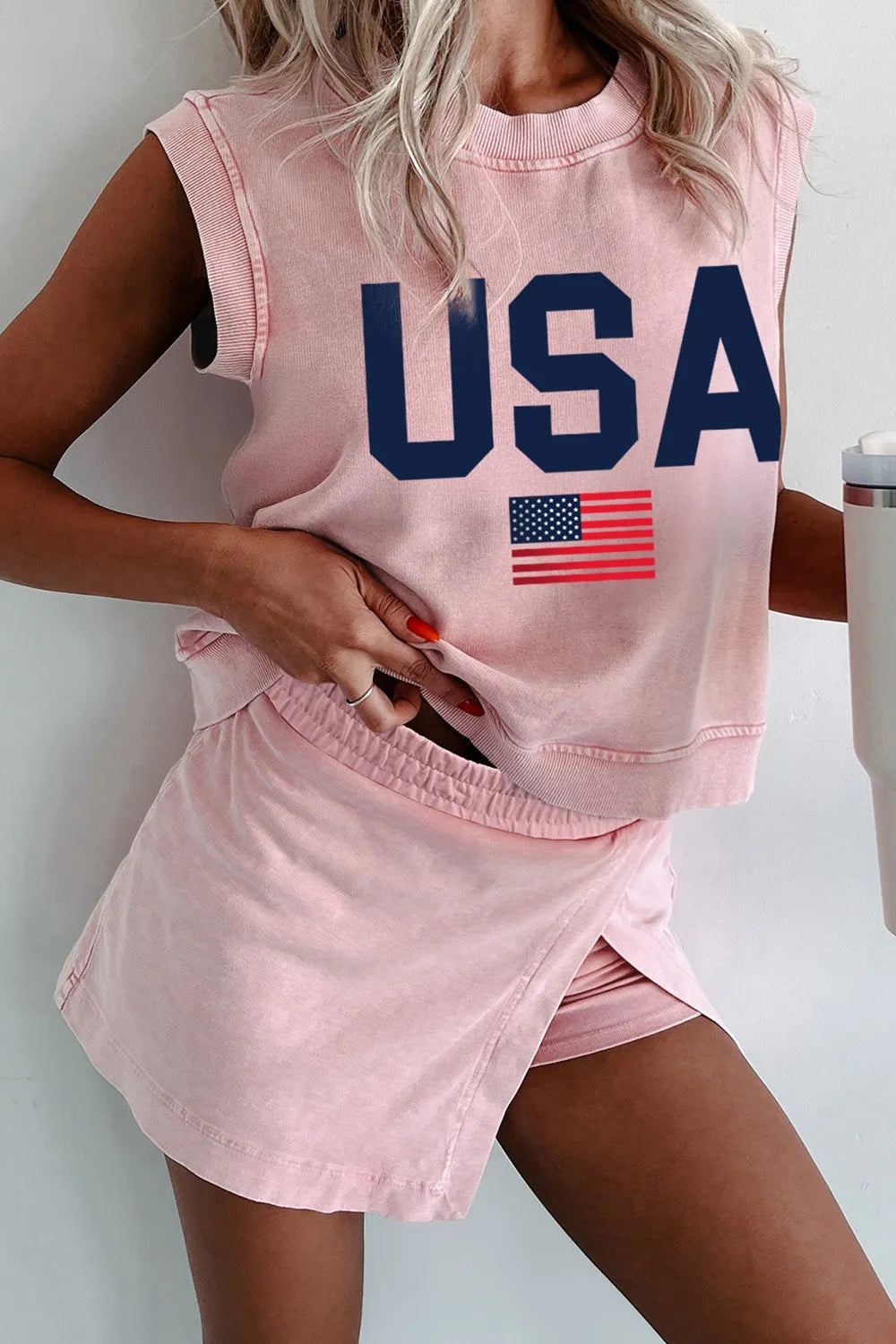 USA Round Neck Tank and Shorts Set - Blush Pink, back view on model - Be Juliet
