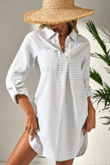 Stripe Collared V-Neck Chest Pocket Swim Cover Up