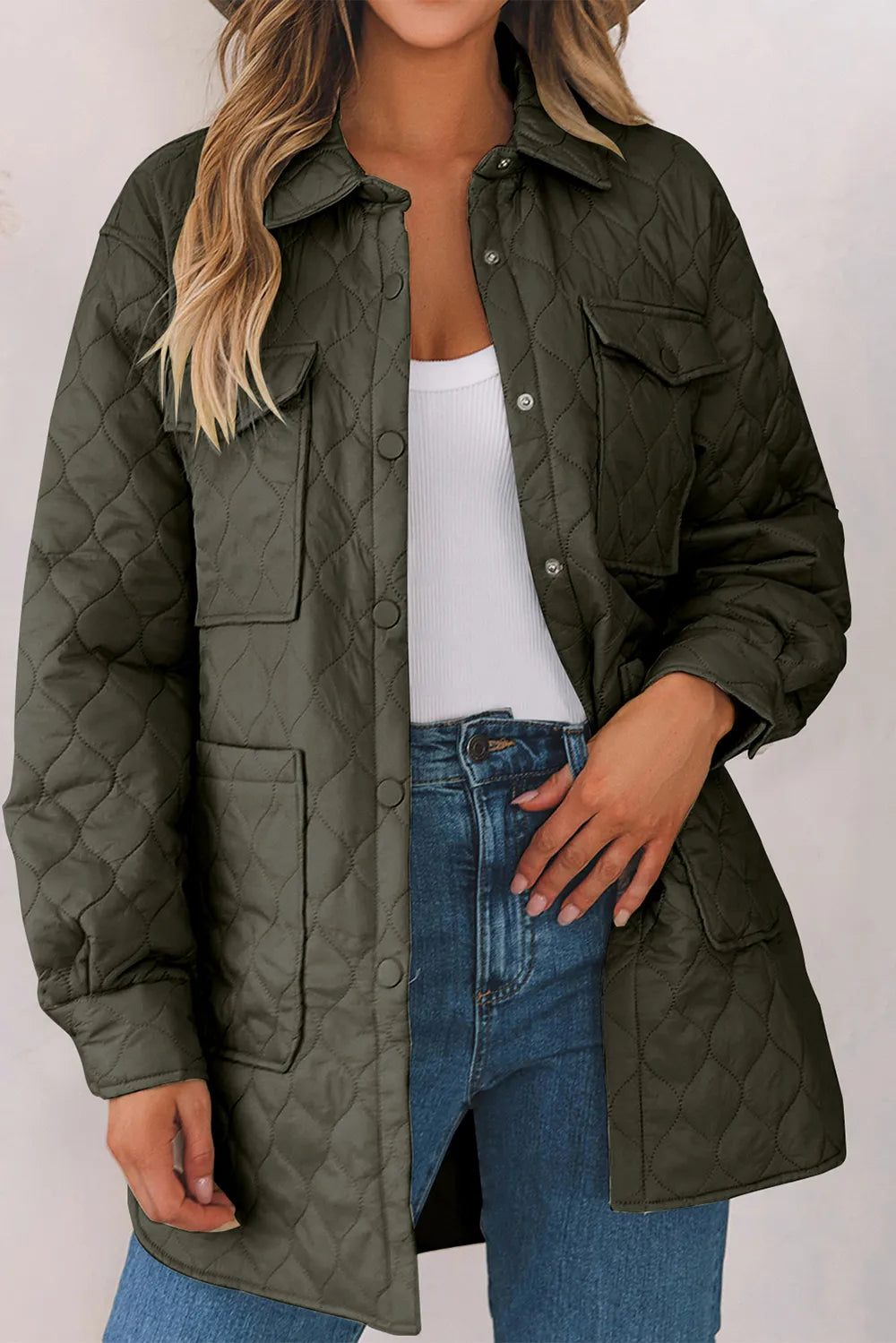 Snap Down Collared Winter Coat - Army Green, front view on model - Be Juliet