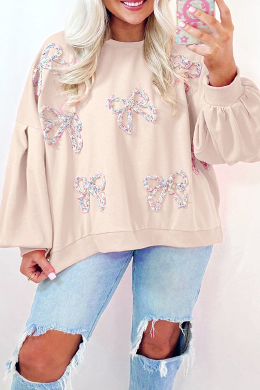 Bow Round Neck Long Sleeve Sweatshirt - Cream, front view on model - Be Juliet