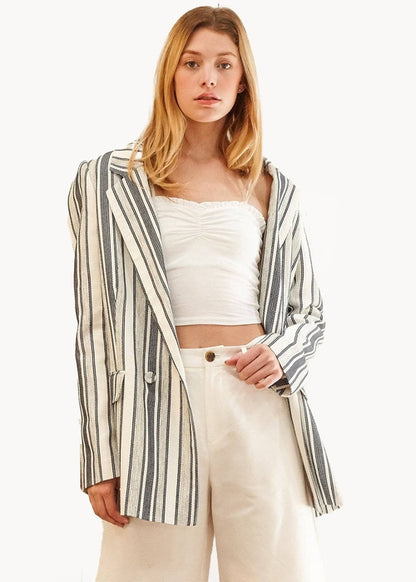 Women's Stripe Blazer in Blue White - Blue White, front product shot on model, lapel and flap pocket detail - Be Juliet