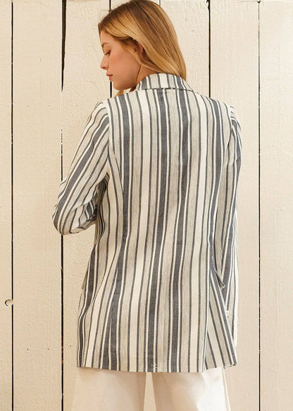 Women's Stripe Blazer in Blue White - Blue White, back view on model, vertical stripe and back seam detail - Be Juliet