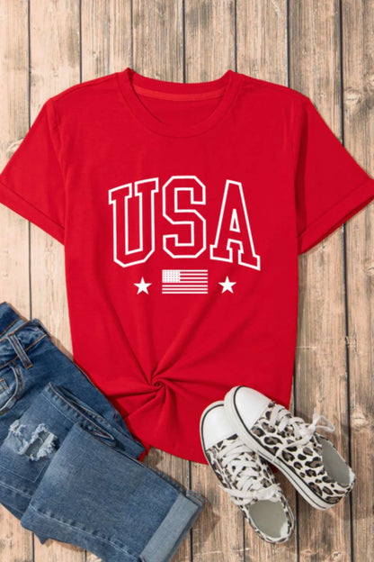 USA American Flag Crewneck T Shirt - Red, flat lay front view - Be Juliet
