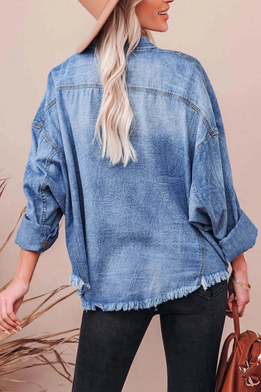 Collared Neck Raw Hem Long Sleeve Denim Shirt - Light, back view on model - Be Juliet