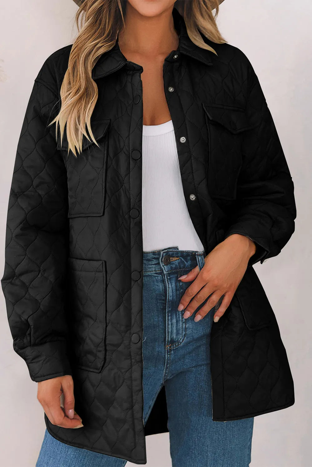 Snap Down Collared Winter Coat - Black, front view on model - Be Juliet